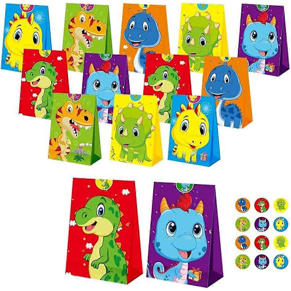 24 kpl Dinosauruksen lahjakassi, Dinosaurusteemaiset juhlakassit, Dinosauruksen paperikassi, Dinosauruksen karkkipussi, 24 dinosaurustarraa, lasten syntymäpäiväjuhliin