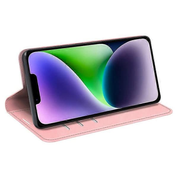 Kompatibel med iPhone 15 Ridsefast PU-læderpungcover med stativfunktion Pink