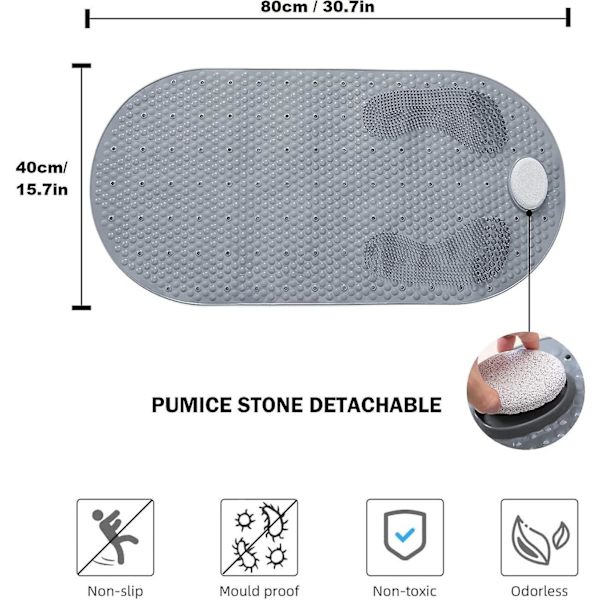 Liukumaton PVC-suihkumatto irrotettavalla hohkakivellä - 40 x 80 cm, kylpyamme ja lattiahierontamatto imukupeilla ja viemäröinnillä