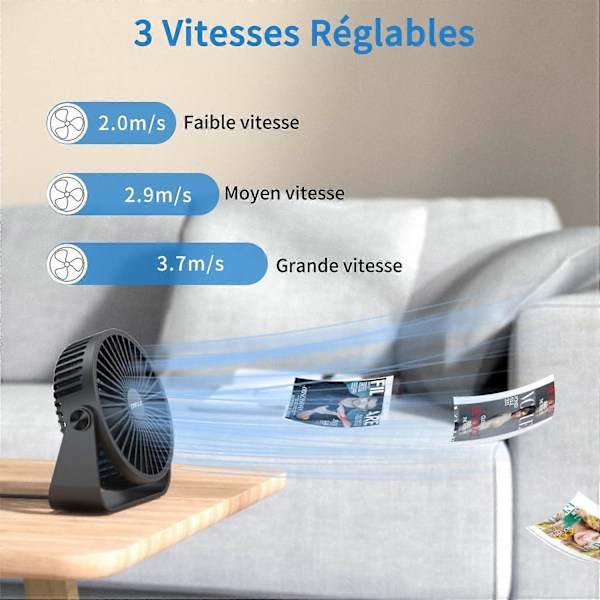 USB Bordventilator, 3 Hastigheds Bordventilator, 360 Justerbar Lydløs Ventilator, Bærbar Ventilator til Kontor, Hjem, Soveværelse, Bil, Udendørs Camping - Sort