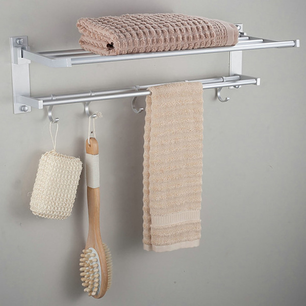 Hushållsbadrum Aluminium Väggmonterad dubbellagers badhanddukshållare Handduksställ Förvaringsställ 37 cm