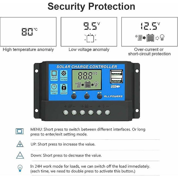 20A Solcelle Oplader Controller Smart Solpanel Regulator med USB Port Display 12V/24V,