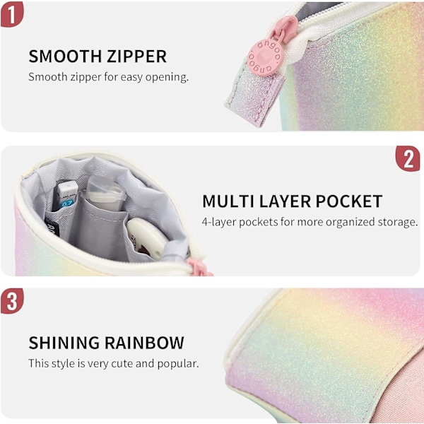Söpö Sateenkaari Penaali Tytöille Lapsille Pehmeä Kynäkotelo Teleskooppinen Seisova Kynäteline Kawaii Pop Up Kosmetiikkalaukku Koulutarvikkeet Pöytä Org