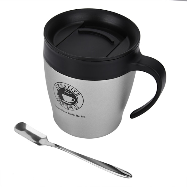 Rostfritt stål isolerad kaffemugg vattenkopp med sked och lock för kontorsresor (Silver)