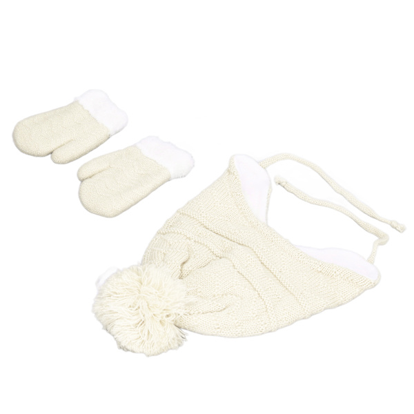 Toddler Hat Handske Sæt Blød Varm Komfortabel Dobbelt Lagt Design Sød Stil Vintertøj til Udendørs Hvid Sæt