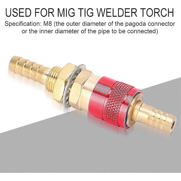 M8 Gas- og vand-hurtigkobling vand- og gasafkølet adapter til MIG TIG brænderfitting svejsebrænderfitting (rød)