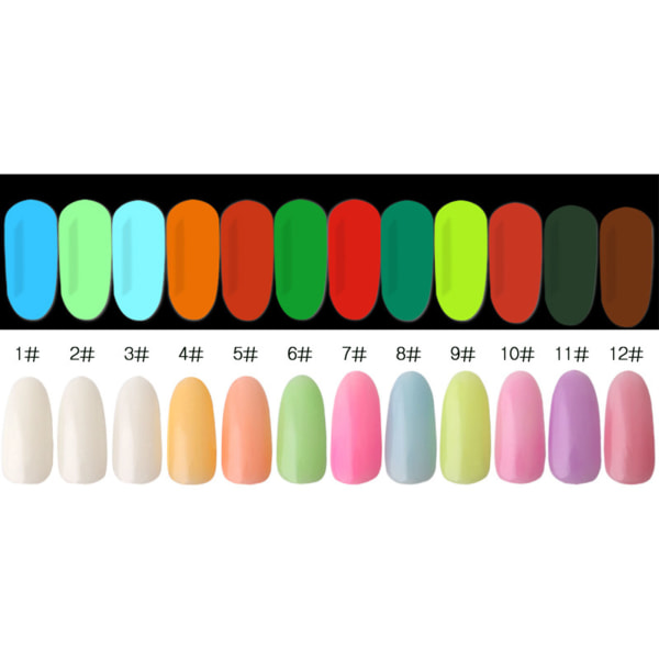 12 färger självlysande nagelpulver Fluorescenspigment Färgglatt glitter Glödande set för manikyr