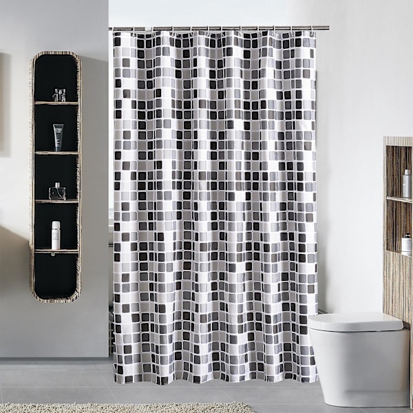 Waterproof Polyester Shower Curtain Set - 180 X 200 cm, Mosaic Pattern - Black Grey White (Includes 12 Hooks)