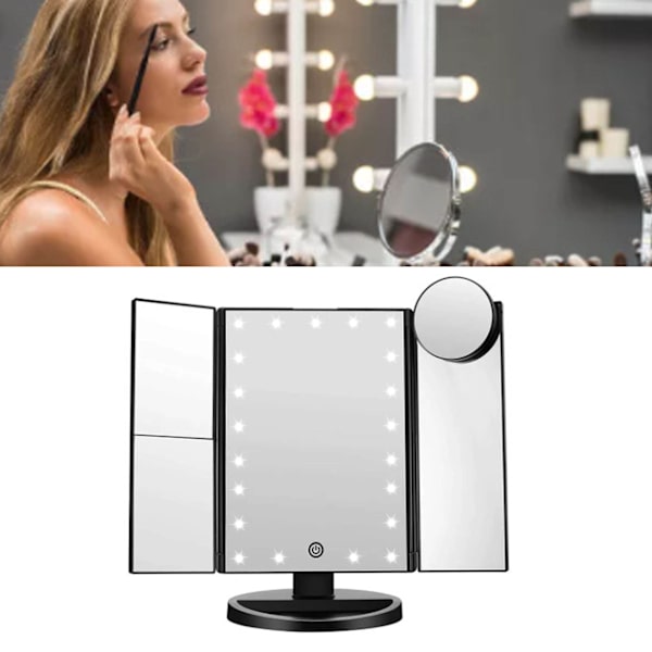 Meikkispeili 3-puolinen taitettava 2X 3X suurennos Kirkkaus Säätö LED-valaistu Peili