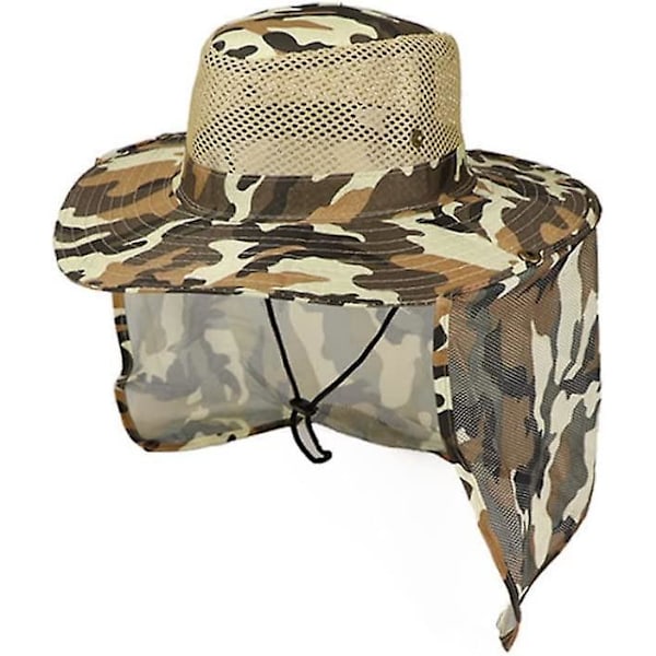 Fiskehatt for utendørs bruk med kamuflasjeklaff, ørebeskyttelse, kamuflasjeskygge, vanntett caps for jakt, fotturer, camping, 1 stk.