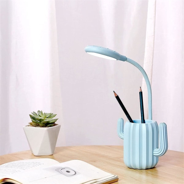 Blue Cactus 3W LED-skrivebordslampe med penneholder, Sensitive Touch, bærbar og dimbar