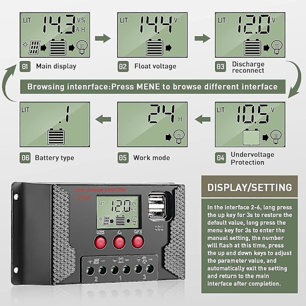 30A Laderegulator Solpanel Laderegulator Automatisk Identifikation 12V/24V med LCD-display og 5V USB-port