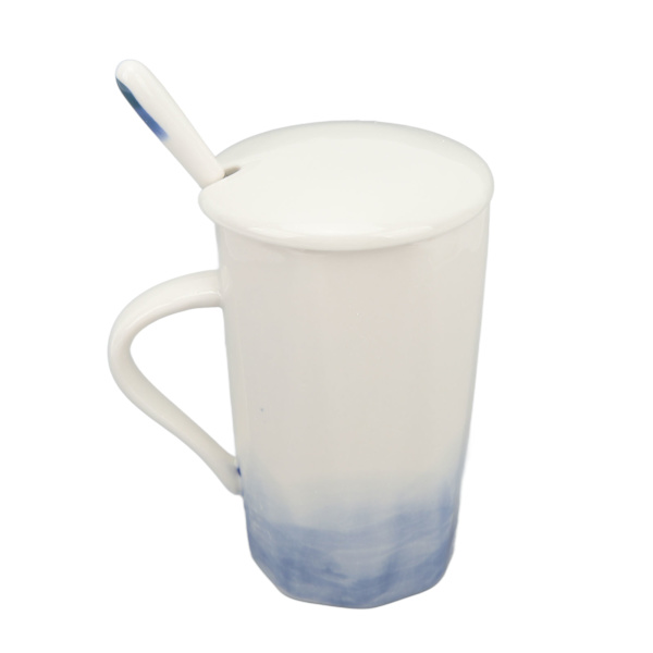 400 ml keramisk krus med blækmalingsstil - kaffekrus i keramik med ske og låg til hjemmet/kontoret - blå