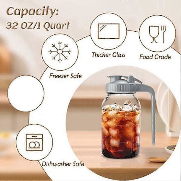 2-pakning 32oz Glasskanne med Lokk - Kremmerbeholder for Solte, Juice, Kald Bryggekaffe, Oppbevaringsbeholder for Morsmelk