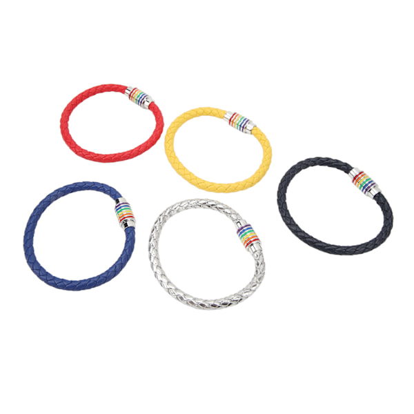 5-pack flätade armband i rött, blått, silver, gult och marinblått med magnetiskt spänne i läder för present