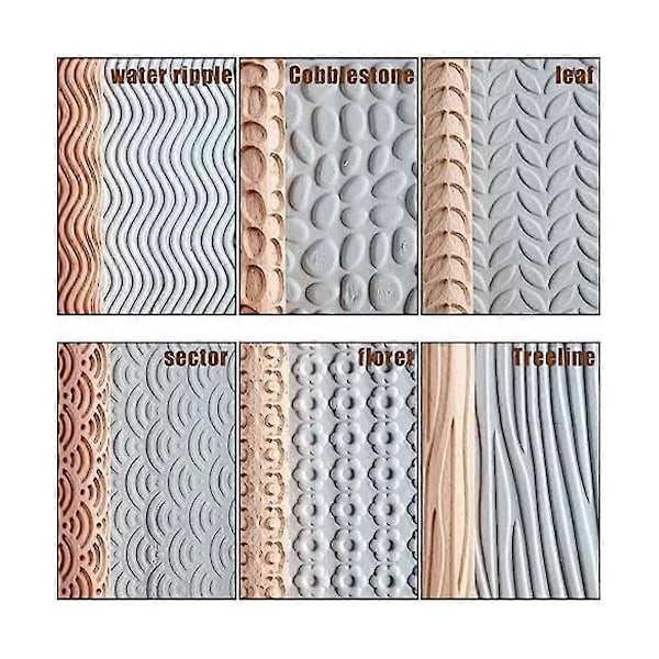 6 Trä Clay Modellering Mönster Rollers Kit, Clay Kavel Texturerad Hand Roller Trähandtag Keramik Verktyg Set