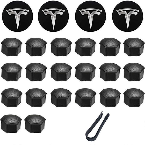 Hjulkapselsæt Center Navkapsel Bilhjulsmøtrikdæksel med Afmonteringsværktøj til Tesla Model 3, S & X (Sort)