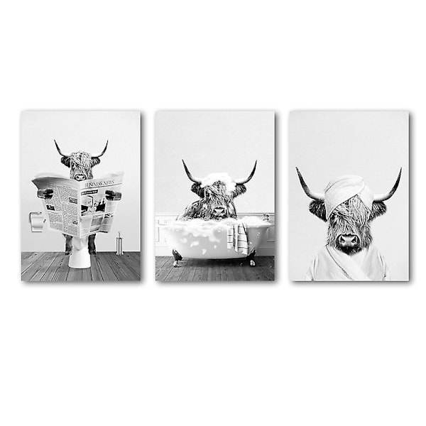 Sett med 3 Baderomsplakater - Highland Cow Mønster - Svart og Hvitt Veggtrykk - 30x42 cm