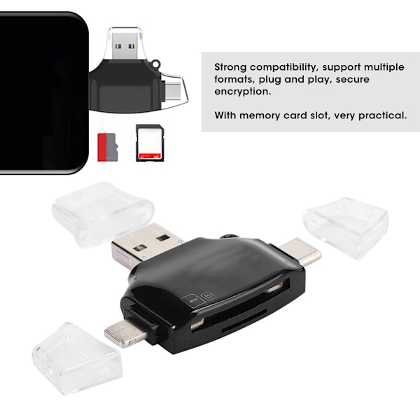 Multifunksjonell fire-i-ett minnekortkamera OTG-kortleser for IOS mobiltelefon svart