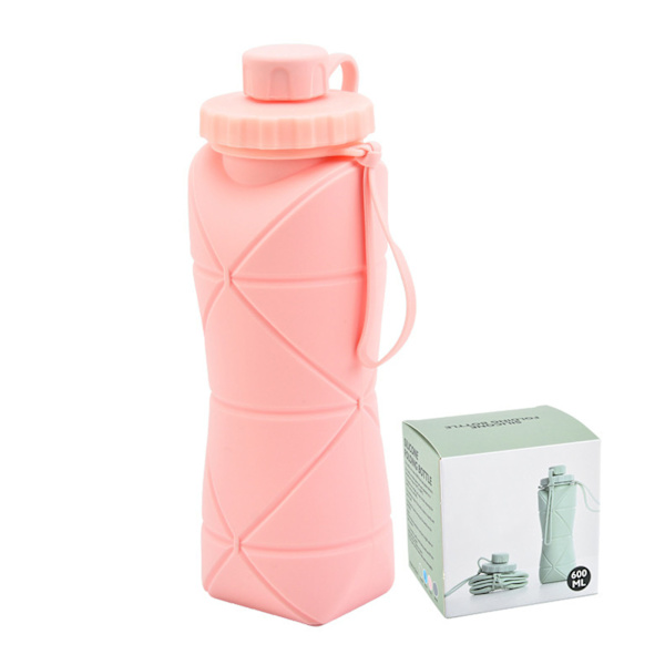 Hopfällbar vattenflaska 600 ml livsmedelskvalitet silikon bred mun säker barn vattenflaska för camping resor sport rosa
