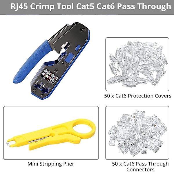 RJ45-krimpværktøjssæt med 50 Cat6 Pass Through-stik og -skærer