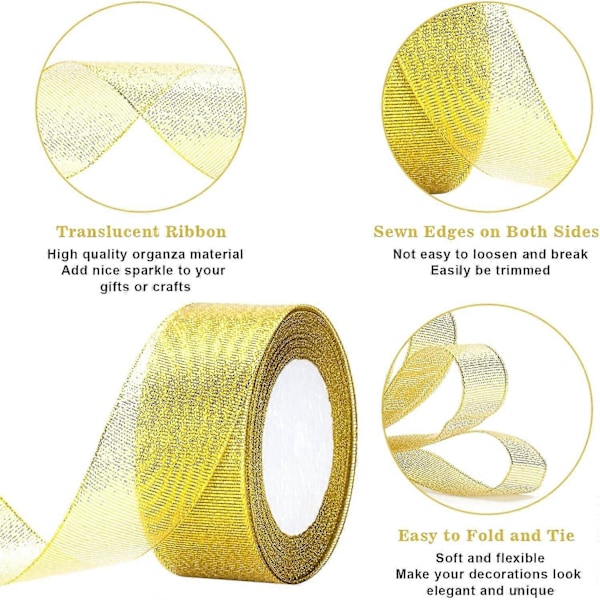 40 mm Glitter Julebånd, 44 m Gavebånd Dekorativt Kagebånd Glitrende Metallisk Indpakningsbånd