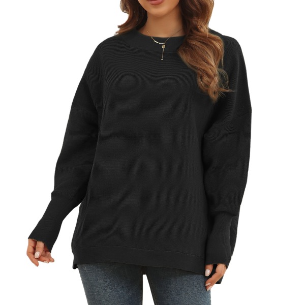 Åndbar løs afslappet langærmet sweater til kvinder - ensfarvet sort L