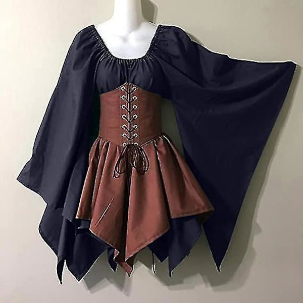 Keskiaikainen renessanssipiraatti-korsettimekko liehuvilla hihoilla - Naisten perinteinen irlantilainen lyhyt mekko (2XL, Navy/Brown)