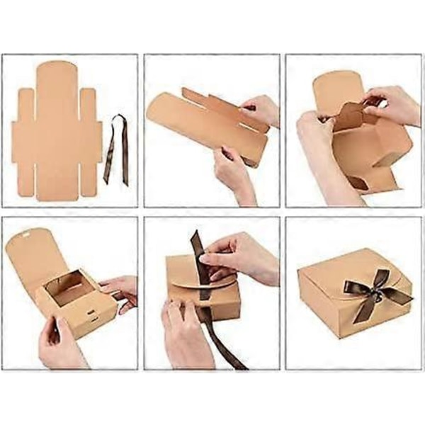 Förpackning med 12 fyrkantiga presentförpackningar, 16,5 cm x 5 cm, enkel montering, brun låda med rosettband