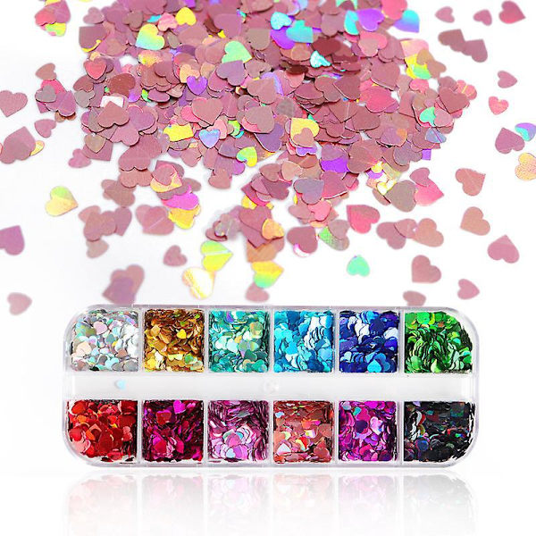 12 Färgade Holografiska Nagelkonst Glitterset med Fjäril Hjärta Stjärna och Lönnlöv Sekvenser för Kreativ Nageldesign