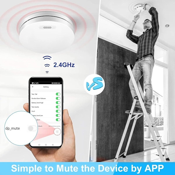WiFi-röksensor med batteri Smart trådlös brandvarnare med testlarm för brandvarning 1 styck