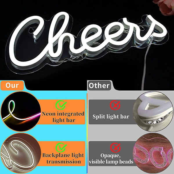 Cheers Neon-logotyp, LED Neon-logotyp för väggdekoration, USB-driven Bar Party Familjerum Neon-dekoration 33 cm x 13 cm (Vit)