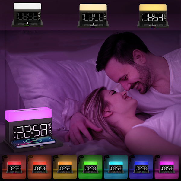 N65 15W Multifunktionel Trådløs Oplader Bordlampe Vækkeur 6 i 1 Hurtigoplader til IOS til Huawei Sort