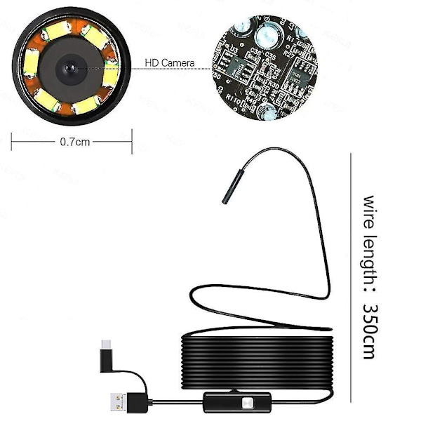 USB-endoskop för Android-telefon, dator, 7 mm boroskopinspektionskamera vattentät med 6 LED-lampor