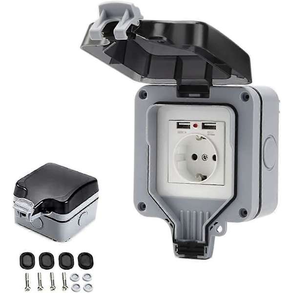 IP66 Vattentätt Uttag med USB-anslutningar Utomhus Eluttag med Lock Vägguttagslåda för Trädgård Garage Pool
