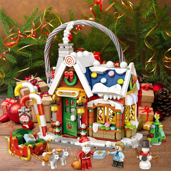 Julhus Trä Santa Claus Snögubbe Mini Byggsten Barnens Pedagogiska Leksaker Julgåva för Barn