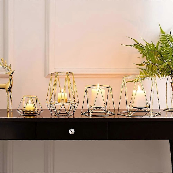 2 stycken geometriska värmeljushållare, guld bordsljusstakar (2 x små)