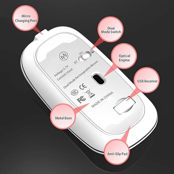 Bluetooth Mus Trådløs, LED Trådløs Mus Genopladelig Støjsvag Wireless Mouse 2.4ghz Trådløs Optisk Mus Med USB Nano Modtager Til PC/Tablet/Laptop Co