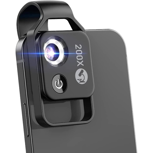 200x Lomme Mikroskop med LED Lys - Universal Klips, Bærbar Digital Mikroskop til 99% af Smartphones (Sort, Uden)
