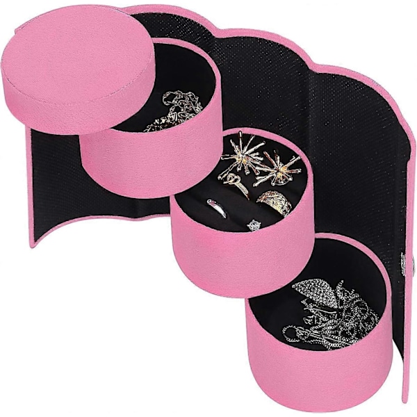 Smykkeskrin, Cylinder Lille 3-lags Rulle Rejse Smykke Organizer Etui, Pink