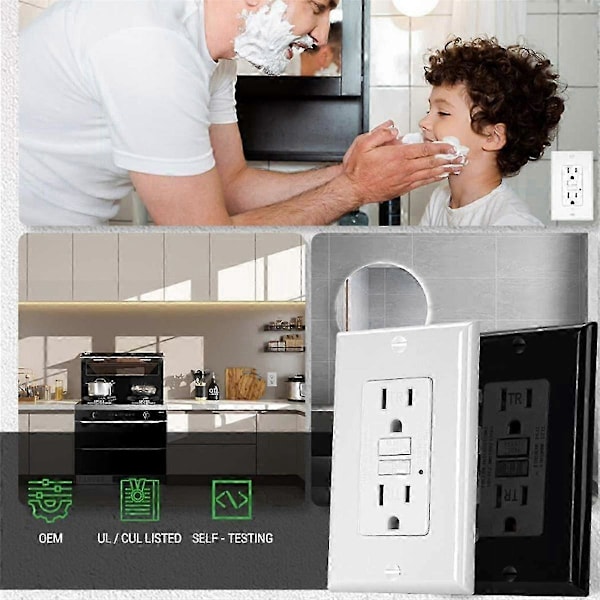 GFCI Uttag 15 Ampere, Självtestande GFI Elektriskt Uttag, Barnsäkert GFCI Vägguttag med Väggplatta Vit
