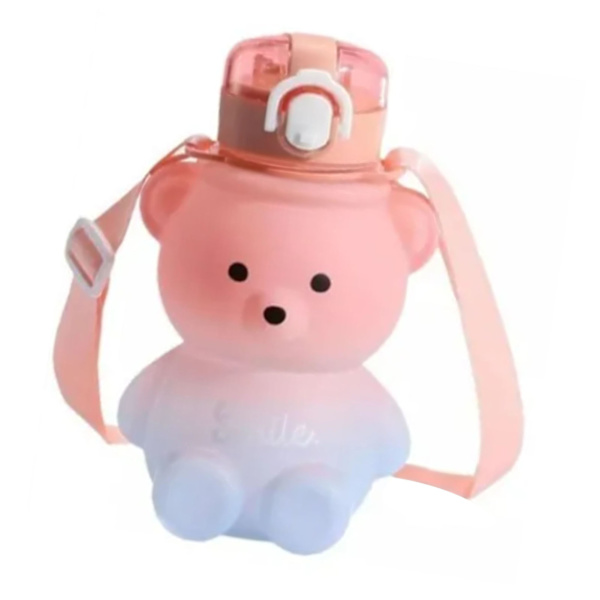 Kawaii björn vattenflaska bärbar söt barn vattenflaska med sugrör studsmatta lock axelrem gradvis rosa blå 800ml