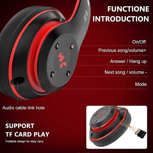 Bluetooth-kuulokkeet, 6 taajuuskorjaintilaa, kannettavat ja kokoontaitettavat (mustapunainen)