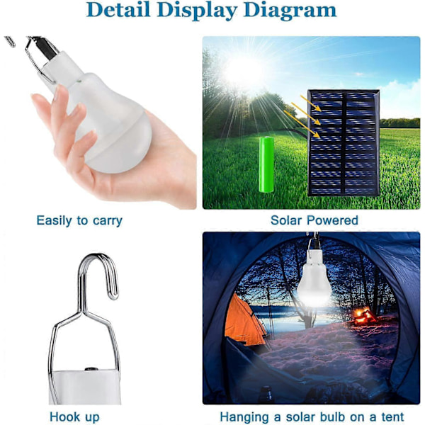 2 Bærbare Solar Campinglamper, LED Solar Pære Solar Nødlampe Lys Hage Lantern Solar Belysning med Krok Pærepanel for Camping, Fiske, Hiki