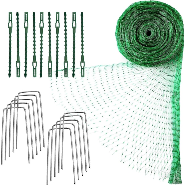 Grönt fågelskyddsnät för trädgård, växter och fruktträd - 4m x 10m med buntband och U-formade trädgårdsstakar