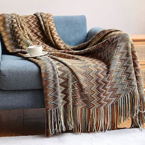Bohemisk Stickad Pläd Filt Nordisk Stil Pläd med Toppar, Akryl Stickad Pläd Dekorativ för Soffa Stol Säng Divan 127 * 152cm, gul