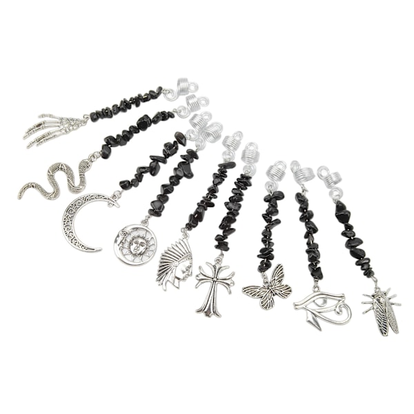 9 st skäggprydnader dreadlock-hängen DIY hårflechtningstillbehör metallfjäder svarta stenar