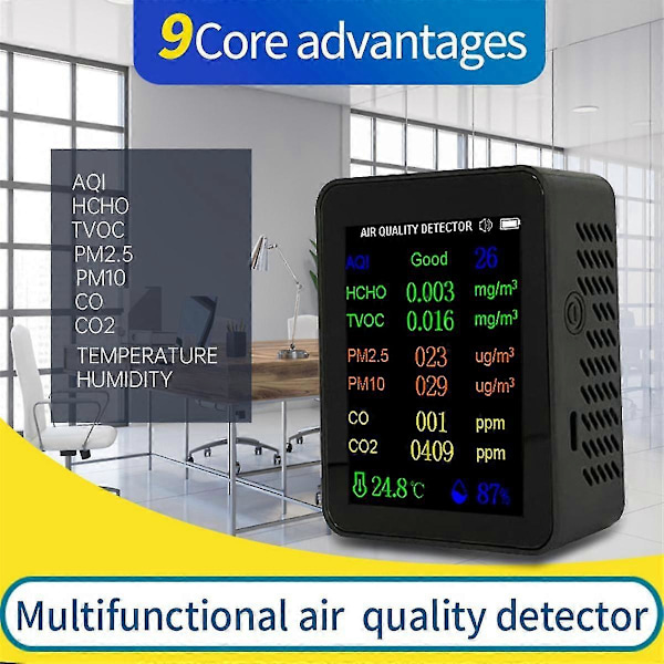9 i 1 Portabel Luftkvalitetsmätare PM2.5 PM10 CO CO2 TVOC HCHO Temperatur Fuktighet Testare Färgskärm