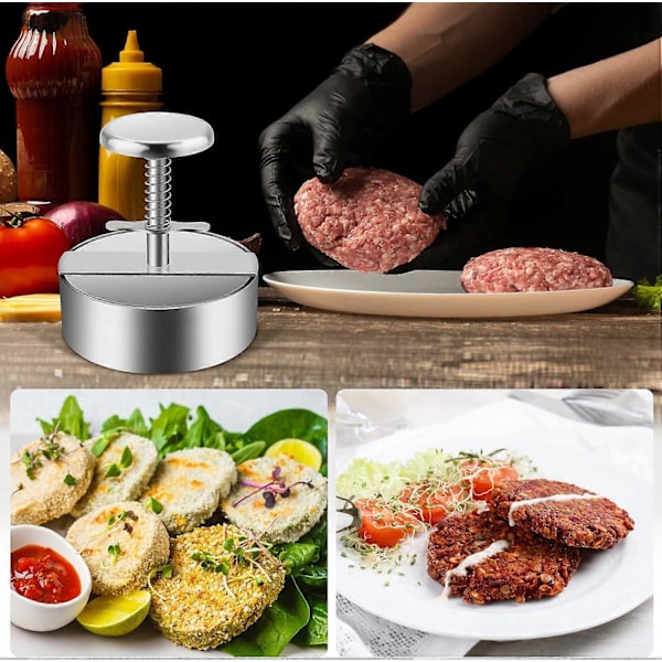 Burgeriprässi, 304 ruostumattomasta teräksestä valmistettu burgeriprässi, säädettävä jauhelihapihviprässi, helppokäyttöinen, tarttumaton burgeriprässi