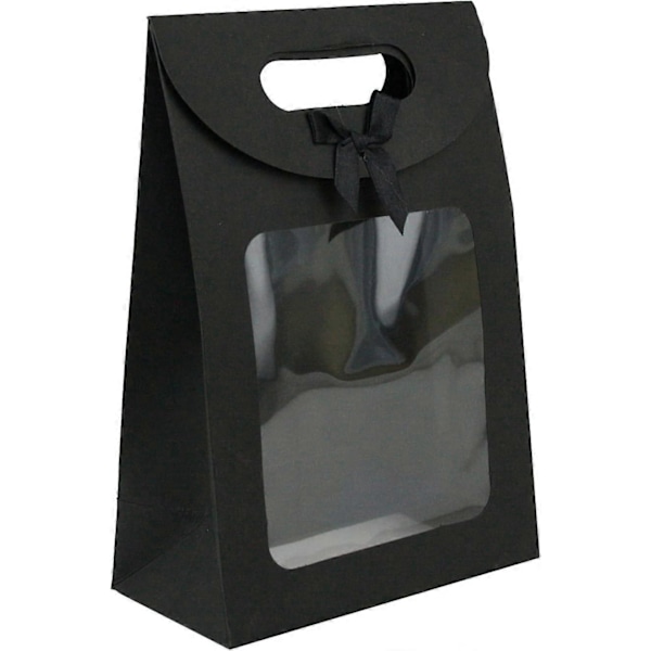 Pakke med 12 stk. 20 x 14 x 7 cm Stærke Sorte Kraft Papir Gaveposer med Klart Vindue og Sløjfe Noir